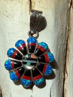 Sterling Silver Floral Inlay Pendant with Blue Opal and Red Coral Accents